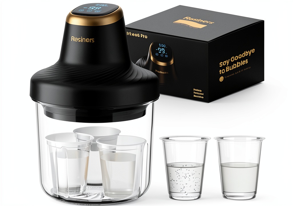 Resiners Airless Pro vacuum chamber in black-gold design on a workbench