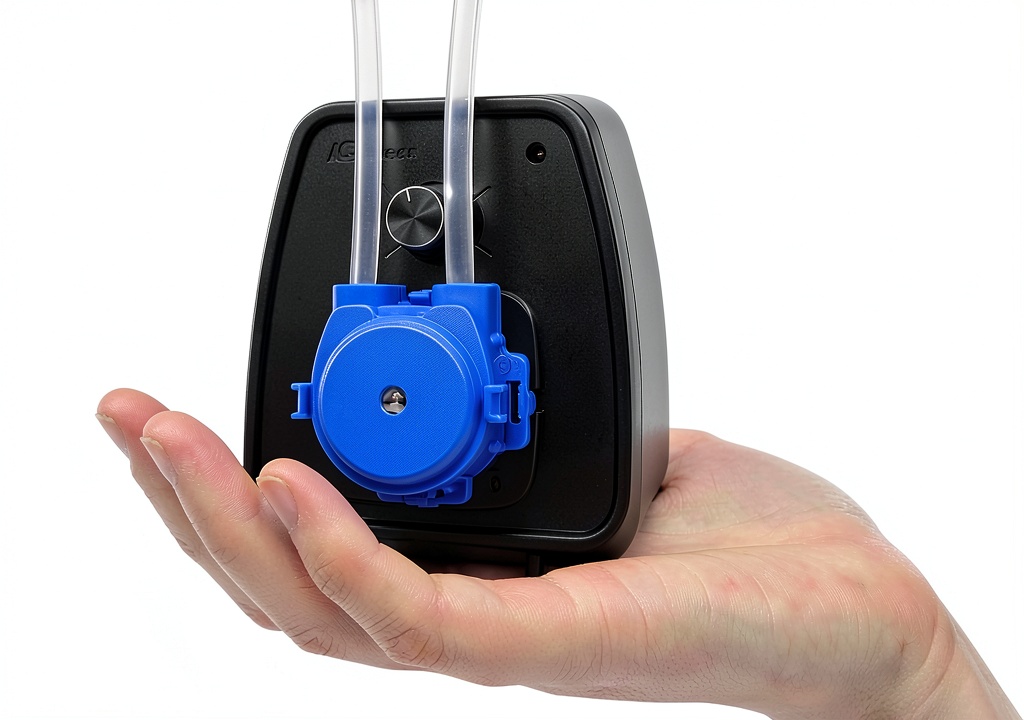 Kamoer peristaltic pump showing compact black design and tubing