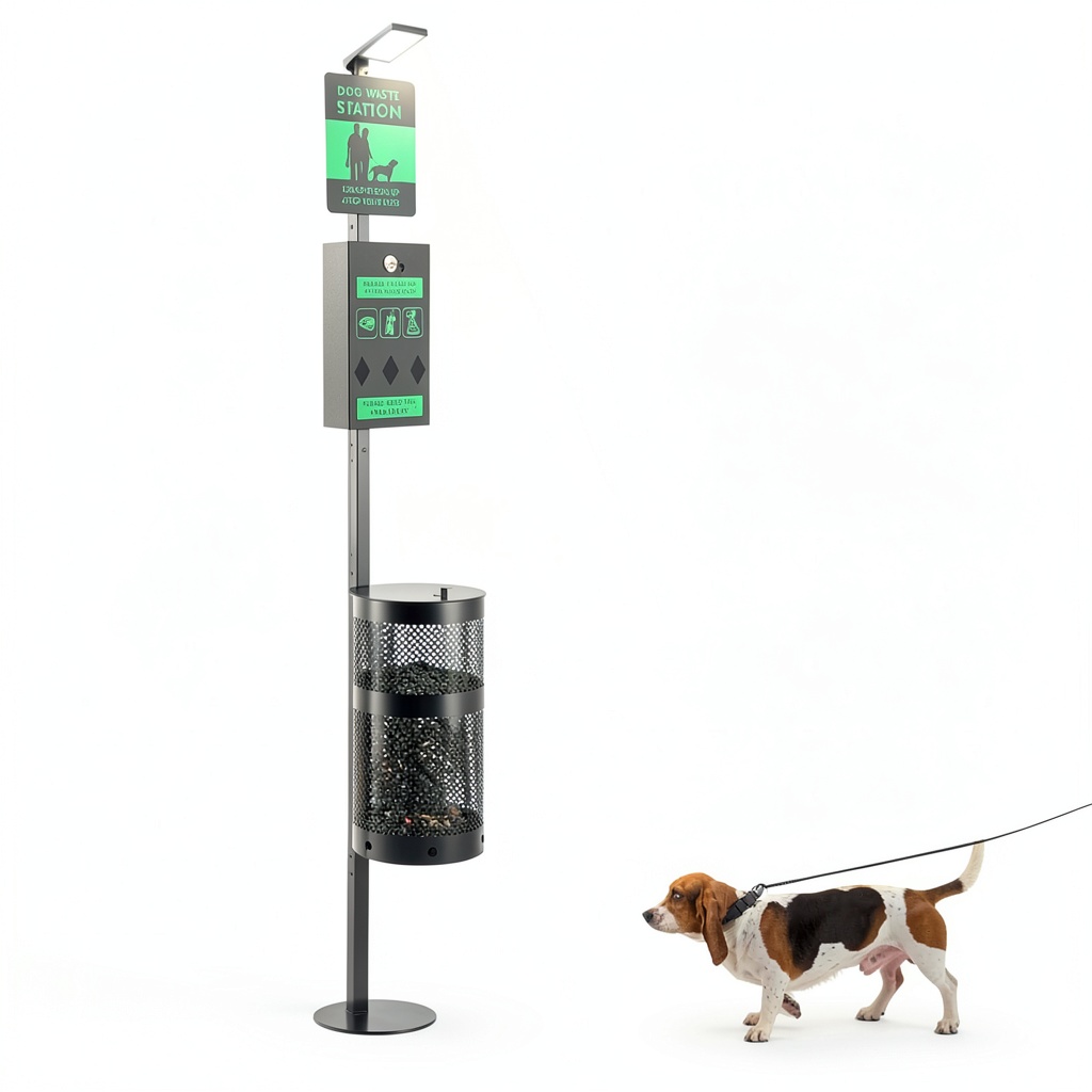 Installing Tujoe Outdoor Dog Waste Station Steel Solar Dispenser on a wooden desk