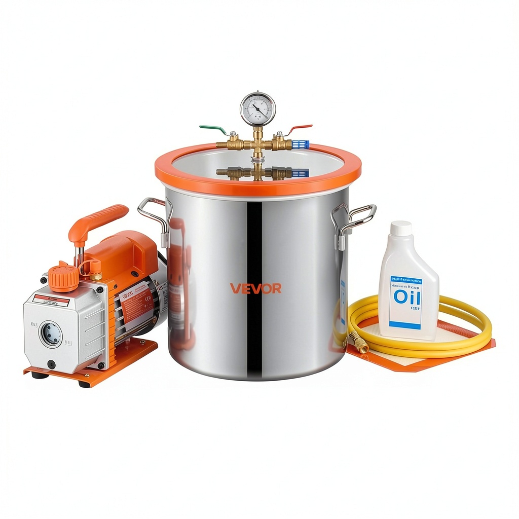 VEVOR vacuum pump and chamber setup on a lab bench