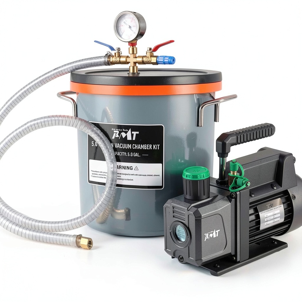 Installing PBMT Vacuum Degassing Kit Stainless Steel Chamber 4.5 CFM on a wooden desk