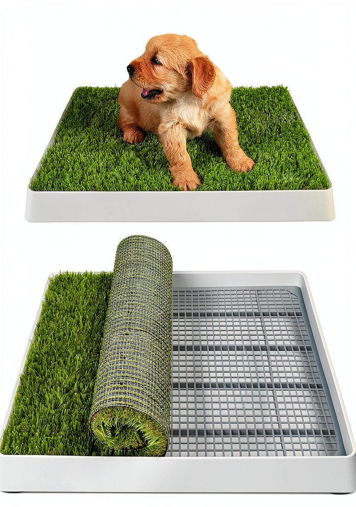 SUNTURF Dog Potty with artificial grass on a hardwood floor