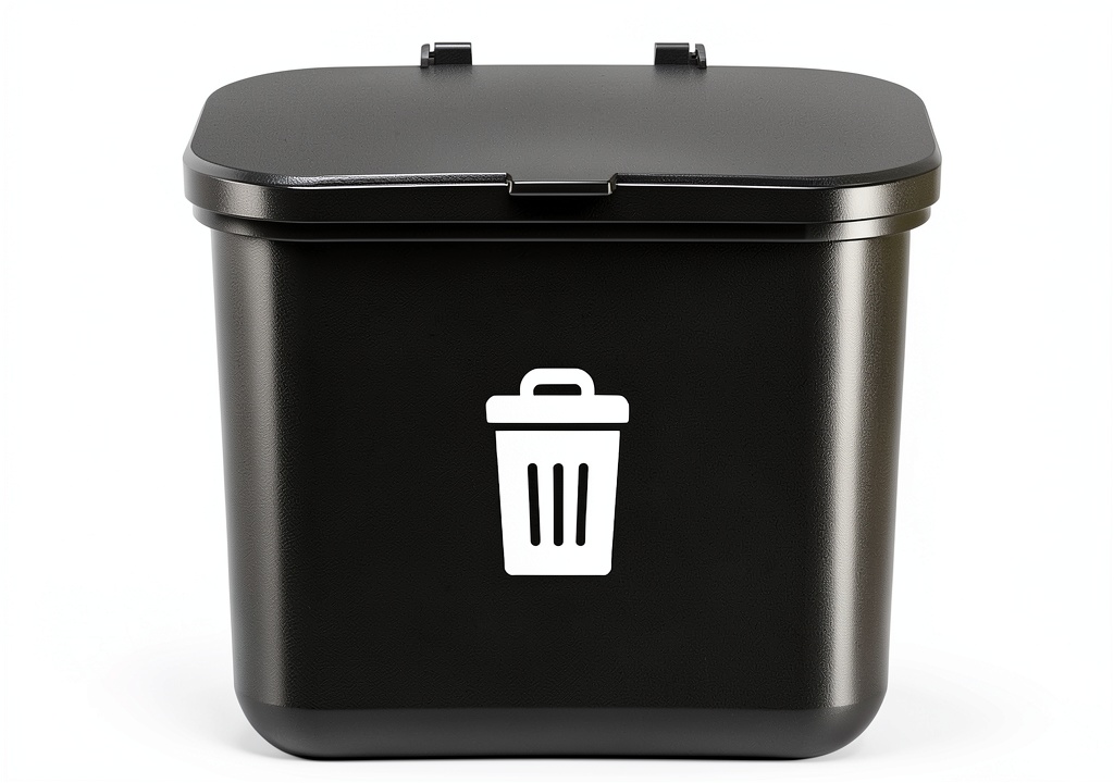 Black dog waste bin attached to a low‑profile desk side