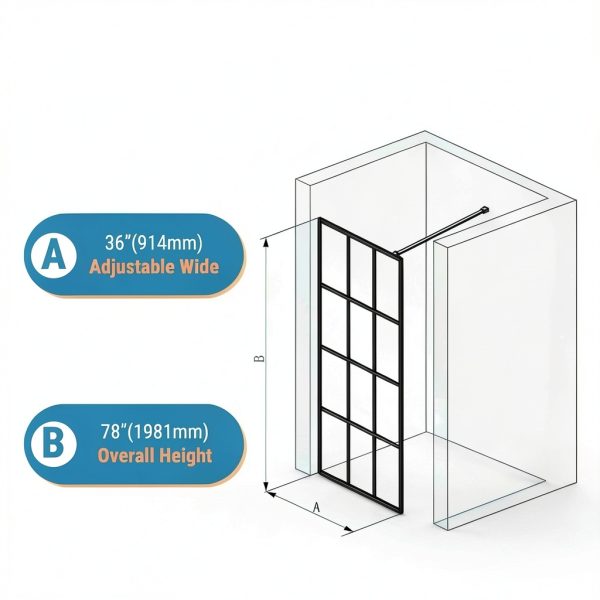 Sunrosa 36"×78" Shower Glass Panel,8mm Thick Shower Screen,Black Grid Pattern Fixed Glass Shower Panel, Easy to Clean-1