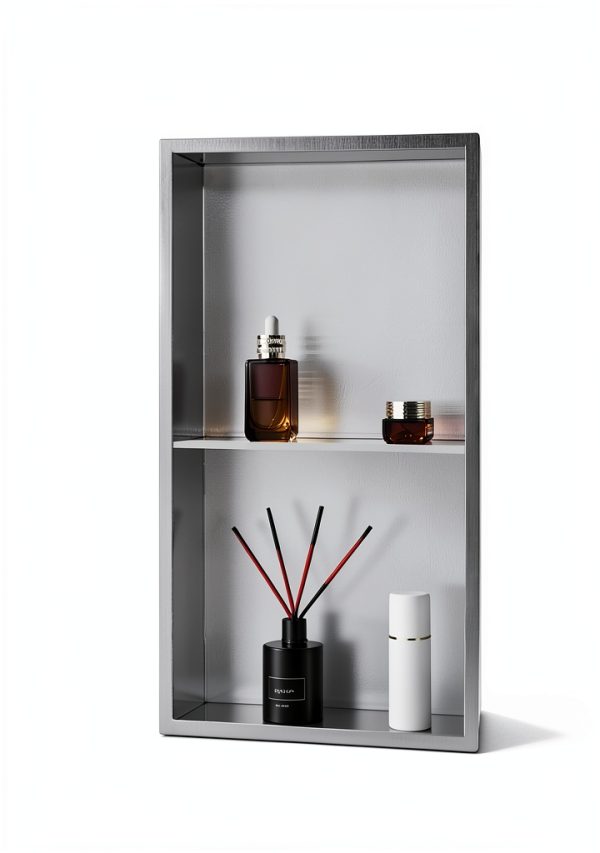 VEVOR Shower Niche, 13 x 25 x 4 inch Recessed Wall Niche Double-layer, with Hollowed-out Divider,Heavy-duty Stainless Steel Modern Shampoo Storage Organizer,Waterproof, Silver for Bathroom-4