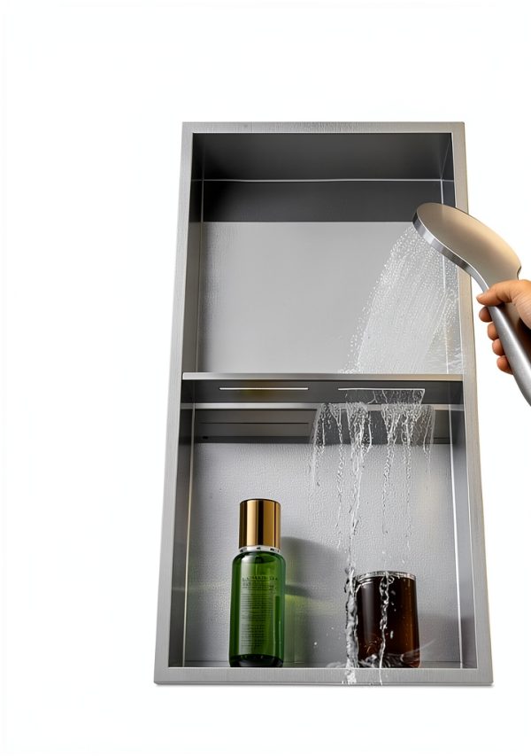 VEVOR Shower Niche, 13 x 25 x 4 inch Recessed Wall Niche Double-layer, with Hollowed-out Divider,Heavy-duty Stainless Steel Modern Shampoo Storage Organizer,Waterproof, Silver for Bathroom-5