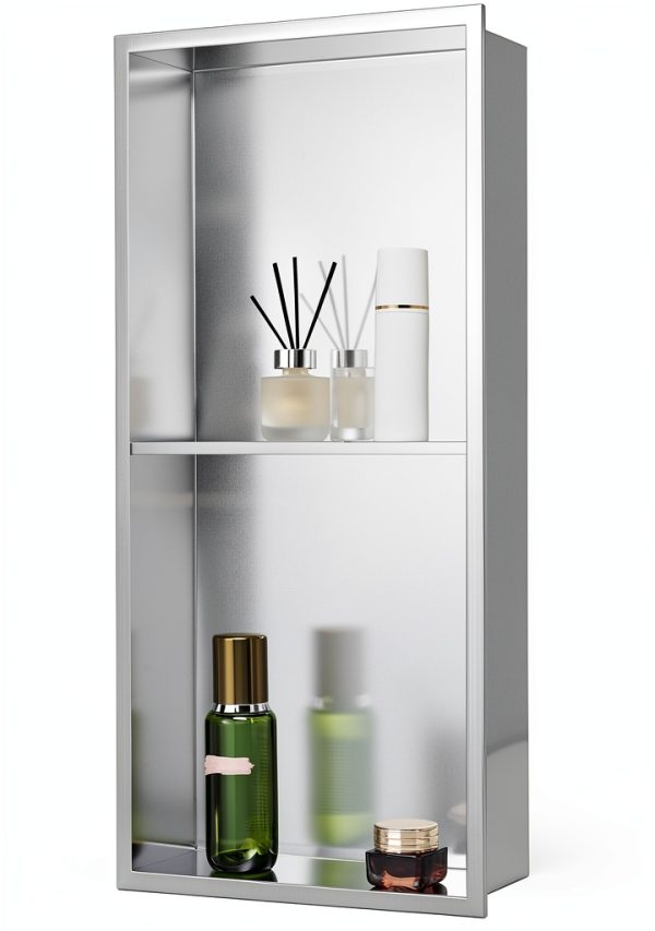 VEVOR Shower Niche, 13 x 25 x 4 inch Recessed Wall Niche Double-layer, with Hollowed-out Divider,Heavy-duty Stainless Steel Modern Shampoo Storage Organizer,Waterproof, Silver for Bathroom-0